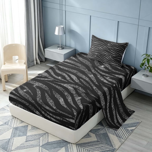Homewish Zebra Print Twin Sheets, Black Gray Bedding, Animal Theme Decor, 3-Piece (1 Flat Sheet, 1 Fitted Sheet and 1 Pillowcase)