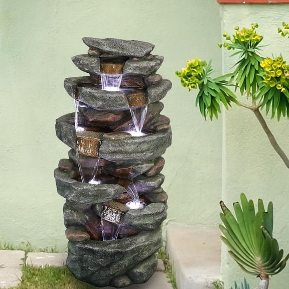 Willwolf Outdoor Water Fountain with LED Lights, 6 Tiers Waterfall for Garden Patio Yard Porch, Electric Resin Fountain