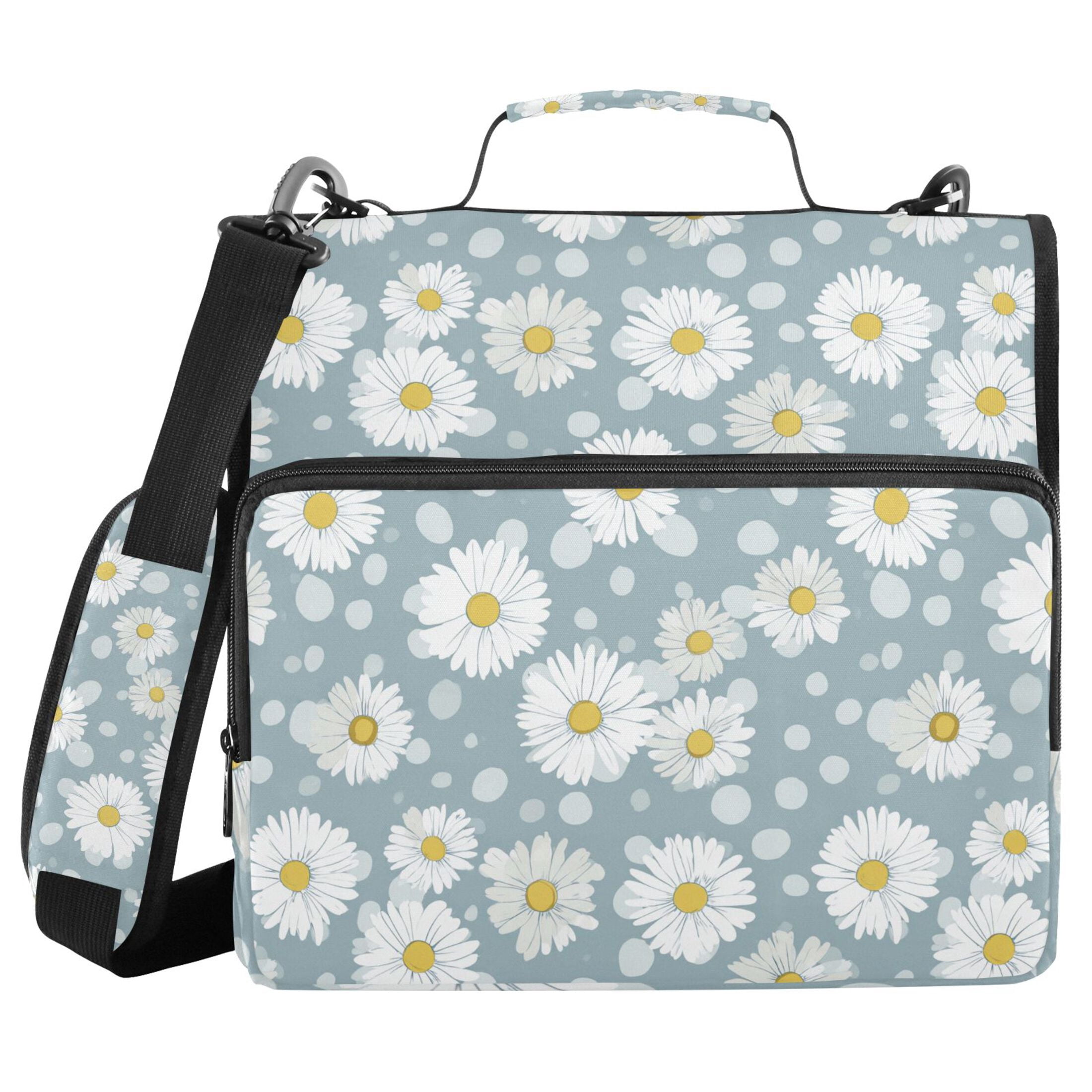 Zipper Binder Daisy Blue and White 1.5 Inch Binder Folder Bag with Shoulder Strap and Handle