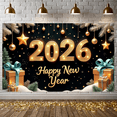 thumbnail image 6 of Gold Glitter Happy New Year Banner Golden Stars Festive Backdrop Gift Box Decor Shiny Lights 2026 Celebration Display for New Year Party Holiday Gathering Photo Shoot, 6 of 9