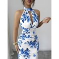 thumbnail image 4 of Blue Floral Print Halter Neck Maxi Dress, Waist-Cinched Bodycon Style, Elegant Evening & Daywear, 4 of 6