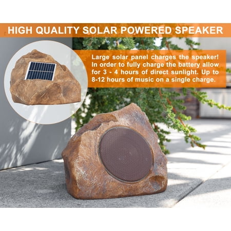 Homewell Outdoor Rock Speaker Solar-Powered Wireless Bluetooth 5.0 Portable Speaker Weatherproof for Patio, Pool, Deck, Yard, Garden and Home (2-Pack, Brown)