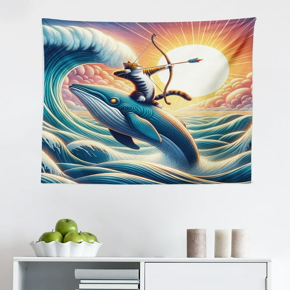 Ambesonne Nautical Wall Hanging Tapestry, Archer Wild Cat on a Whale, 28"x23", Teal Purple and Orange