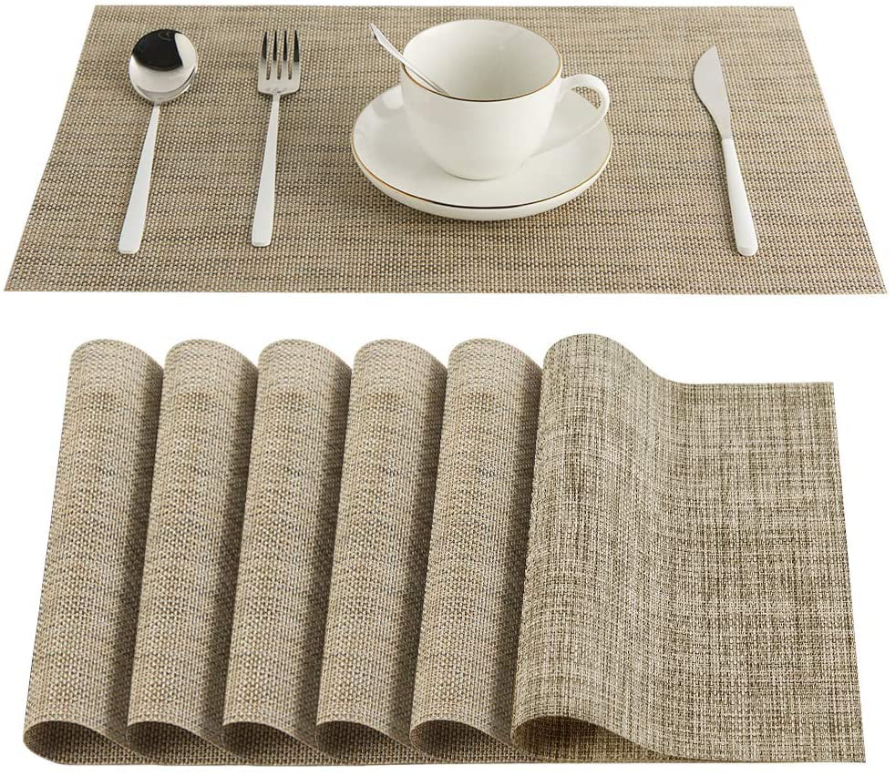 Plastic Placemats for Dining Table Set of 4 Heat-Resistant Stain Resistant Anti-Skid Washable PVC Place Mats Woven Vinyl Gold 