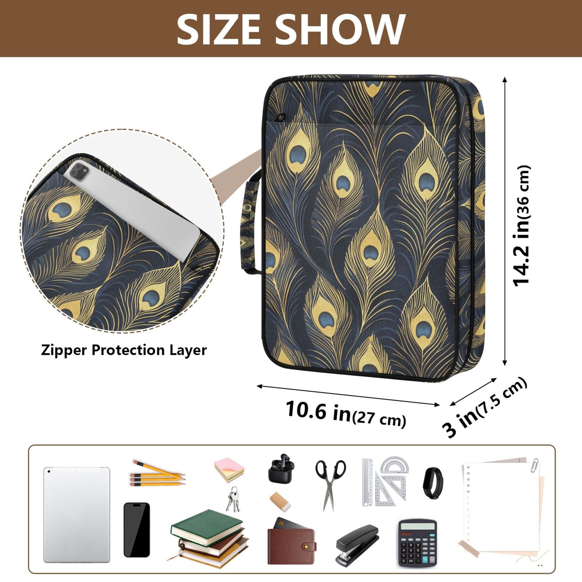 FORMRS Accordion File Folder A4 Size 7-Pocket Expanding Document Organizer Bag with 3 Ring Binder, Peacock Feathers Pattern