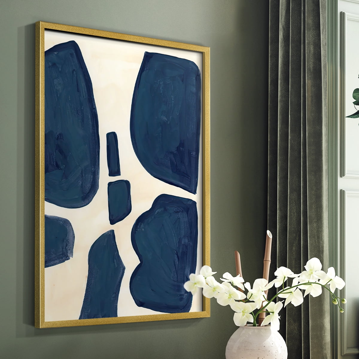 Blue Pieces II Framed Print in Gold Solid Wood Framed Print No Nail Hanging