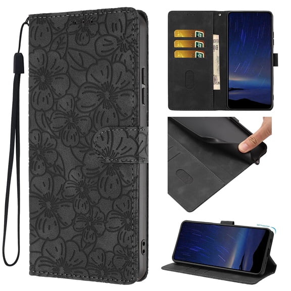 for Samsung Galaxy S26 Plus Case, Wallet Case Flower Embossed Premium PU Leather Flip Protective Case Credit Card Holder Kickstand Magnetic Clasp Phone Cover Wrist Strap for S26 Plus, Black