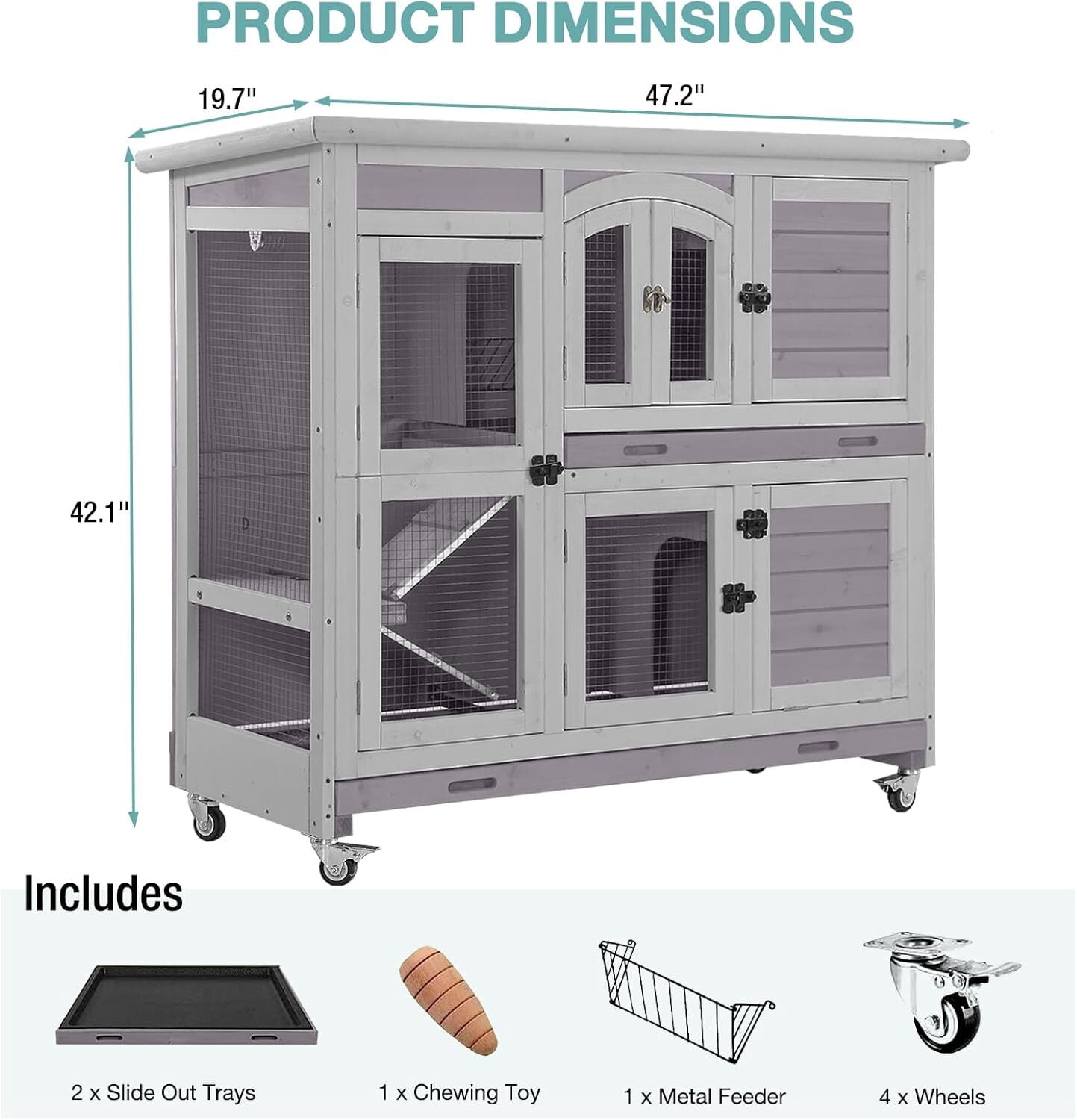 Aivituvin 2-Tier Indoor Rabbit Hutch Bunny House Guinea Pig Cage with Sliding Plastic Trays, Wheels & Ramp, 47.2" Multi-Door Wooden Small Animal Cage for Rabbits, Bunnies, and Guinea Pigs (Grey)