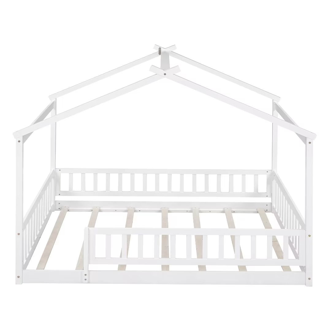 Full Size Montessori Bed for Kids, Wood Floor Bed Frame, House Bed Frame with Fence & Roof, Solid Wood Playhouse Bed for Girls Boys Teens, White