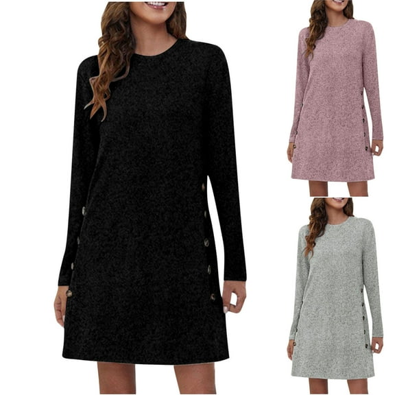 Ashirexll Womens Long Sleeve Dresses, Midi Dresses for Women, Fashion Casual Solid Round Neck Button Front Fall Winter Dress