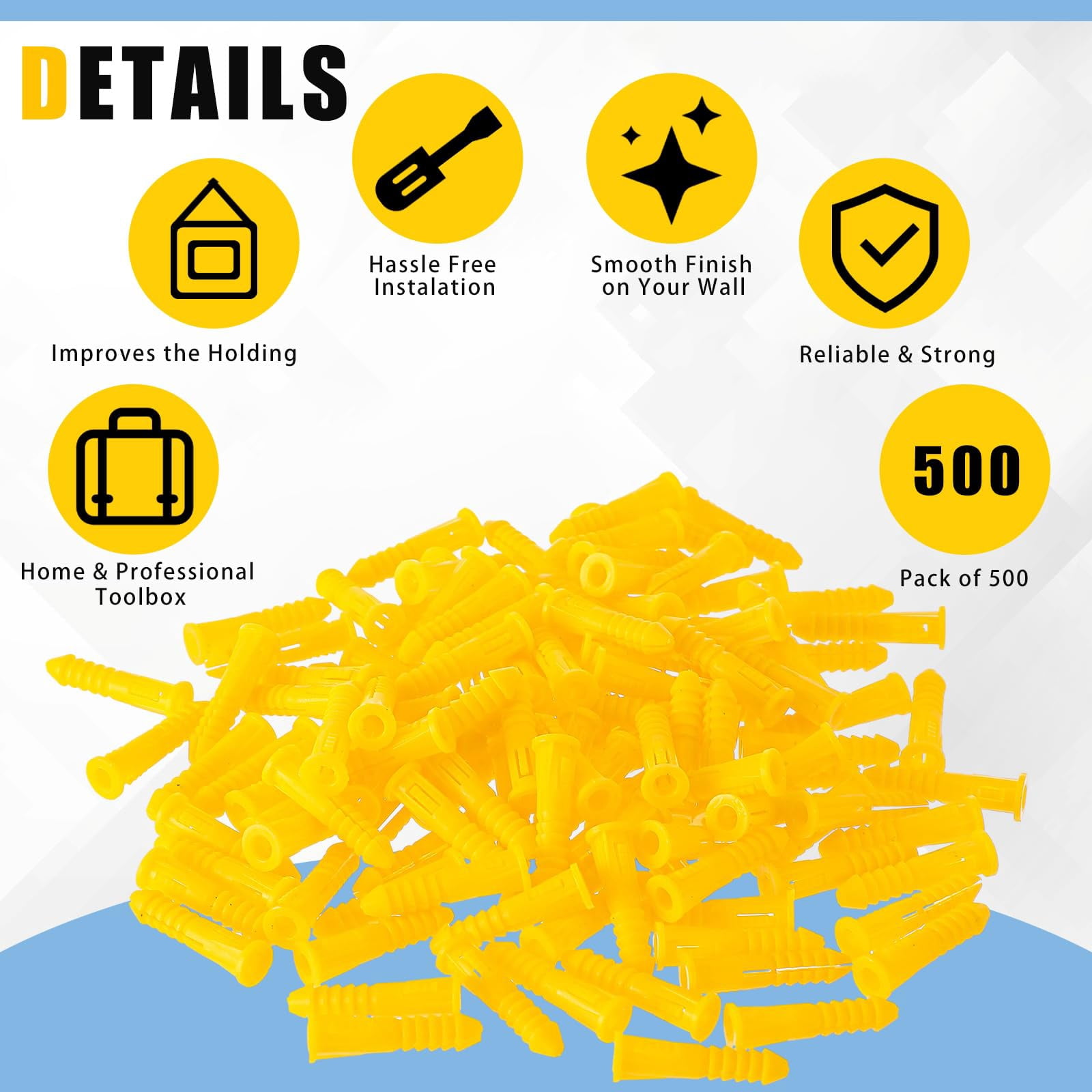 500 Pcs #4-6-8 x 7/8 Inch Ribbed Lightweight Plastic Anchors Drywall Anchors for Hollow Walls Pictures Artwork Decor Light Duty Anchoring Application (Yellow)