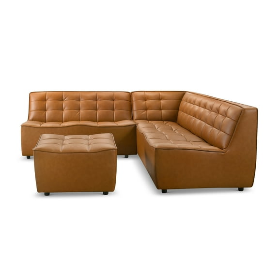 Orchard Modern Living Room Vegan Leather Corner Sofa & Ottoman in Tan