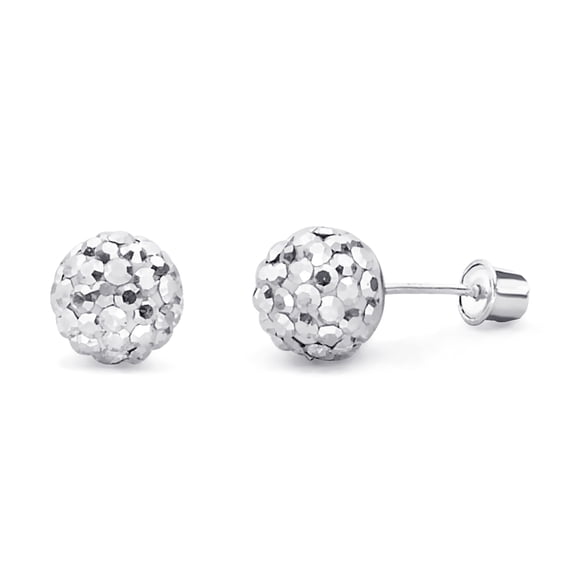 14k REAL White Gold Ctystal 8mm Ball Stud Earrings with Screw Back