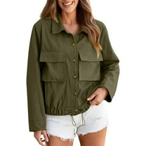 Wyobmus Women's Lightweight Button Down Jackets Casual Loose Hunting Jacket Elastic Waisted Work Jacket Oversized Utility Outwear Coat with Pockets B-Olive Green