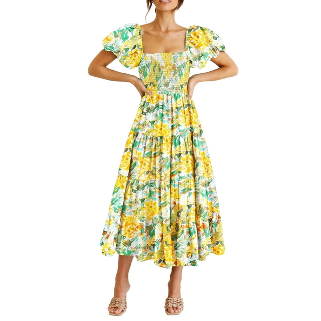 Vestido Midi PRETTYGARDEN Floral Amarillo con Mangas Abullonadas Talla M