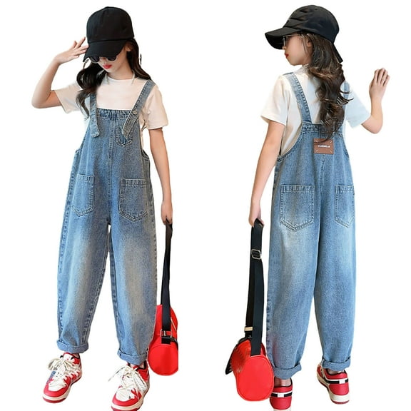 Girls' Denim Overall Jumpsuits Girls Overalls Kids Casual Sleeveless Girls Wide Leg Jeans Girls Loose Rompers with Pockets Clothes for Girls 8-9 Years