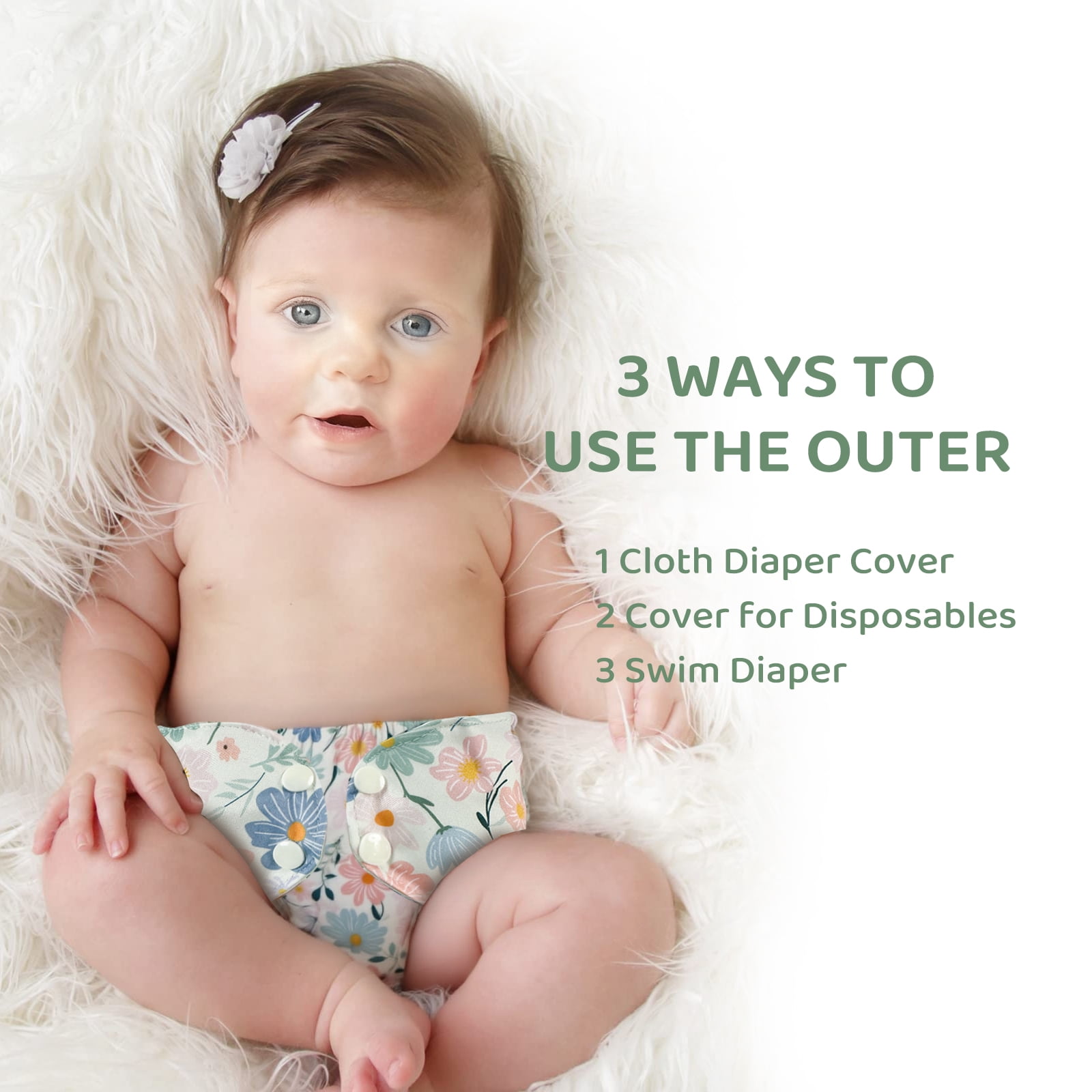 BISENKID 2 Pack Waterproof Cloth Diaper Cover Reusable Plastic Diaper Cover - Adjustable Outer Shell with 3 Pack Absorbent to Prevent Urine Blowouts for Baby Girl, Size 2 (18-35Pound)