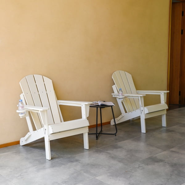 Folding Adirondack Chair, Large Seat Tall Backrest Wide Armrests, Integrated Cup Holder, 350 lbs Weight Capacity, All-Weather Outdoor Chair, for Patio Garden Porch Backyard