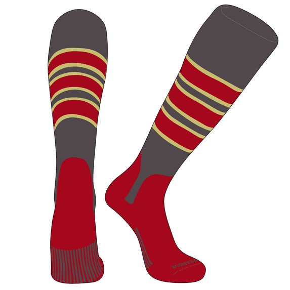 PEARSOX Elite Baseball Knee High Stirrup Socks (D, 5in) Graphite, Vegas Gold, Red, Red (M)