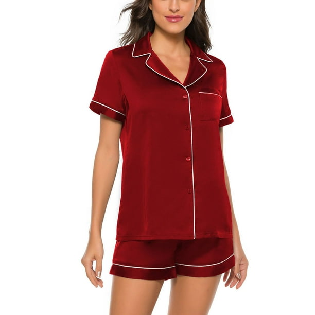 Short Sleeve Sleepwear, Breathable Button Down Women Pajamas Set  Lightweight Notch Collar For Home Bedroom Living Room Green,Wine  Red,Black,Navy Blue