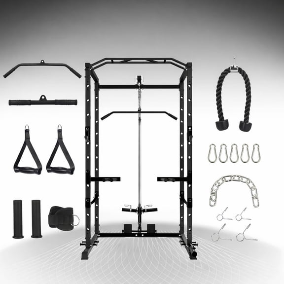 Power Cage with Pulley System, Compact Home Gym Strength Rack with Heavy-Duty Steel Frame, Integrated Safety Design and Multi-Function Attachments for Full-Body Training