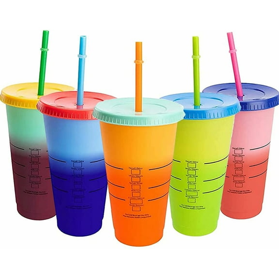 24oz Color changing tumblers Cups with Measure with lids and straws,Color changing cups Stadium cups,Reusable plastic cups,Set of 5