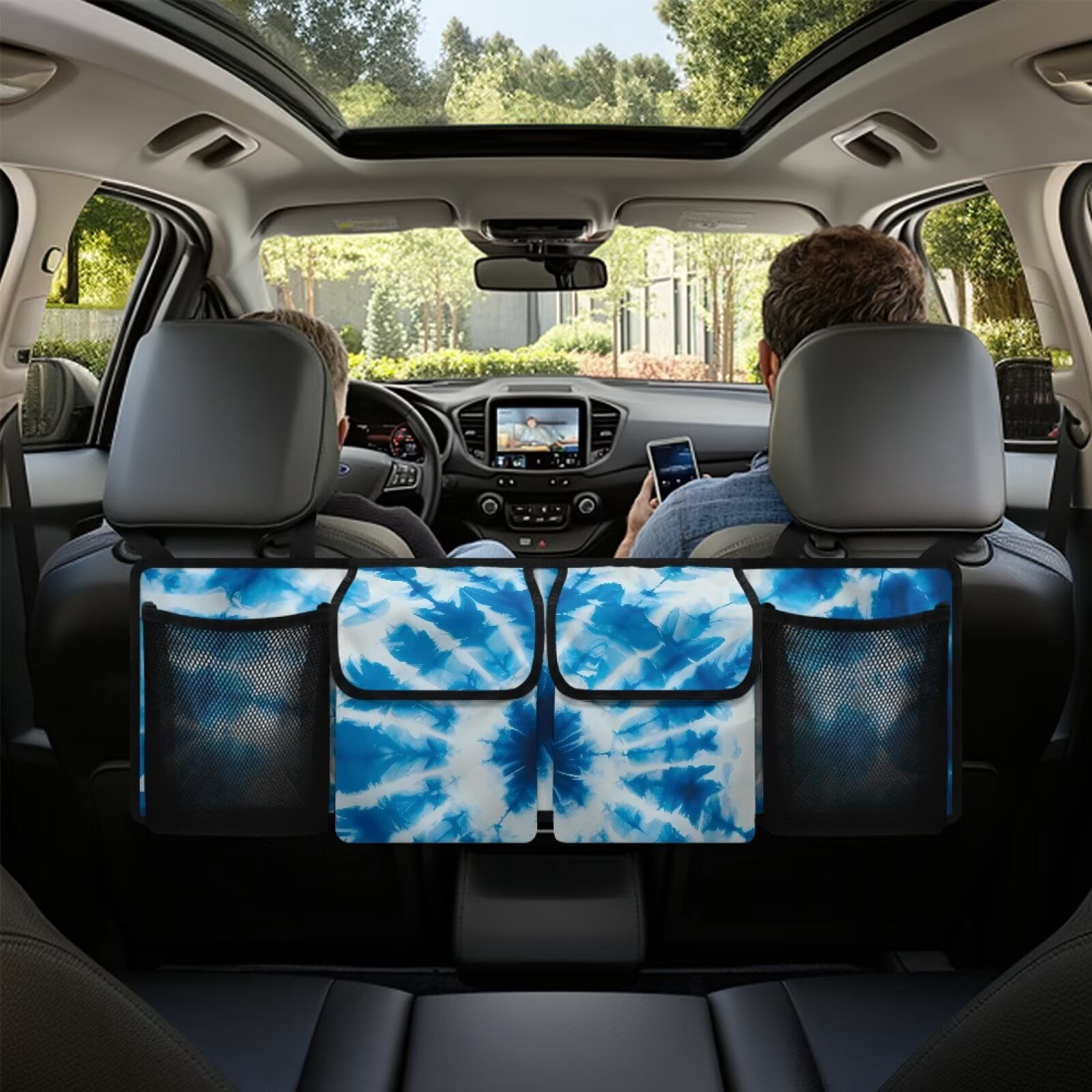 KUIFORTI Trunk Organizer for SUV Trunk Organizers and Storage, It Easy to Find Things, Blue Tie Dye Car Accessories Space-Saving Backseat Car Organizer with Adjustable Straps