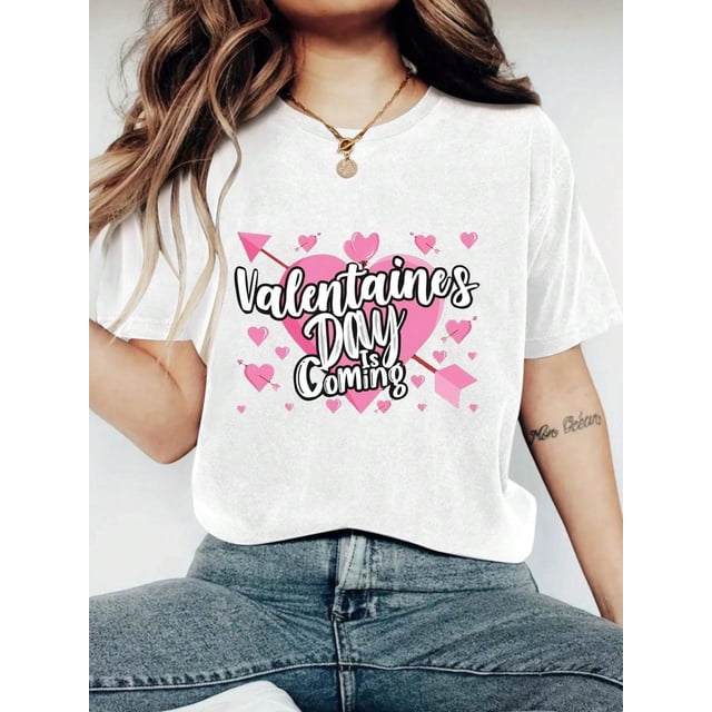 Crew Neck Happy Valentine's Day Print T-Shirt For Women - Round Neck Casual Knit Fabric - LightweighCamisetas para mujer, lindas camisetas con estampado gráfico, de manga corta, estilo casual, para ve