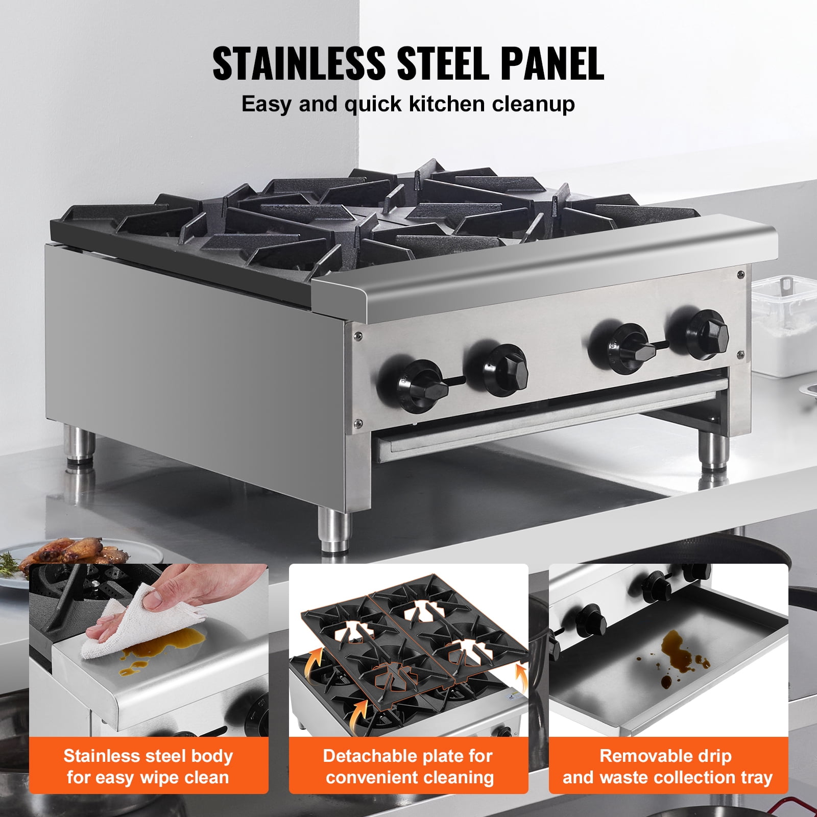 SKYSHALO Gas Cooktop for Commercial Use, 4-Burner Range, Dual Fuel with Propane & Natural Gas, Stainless Steel Construction, Ideal for Restaurants, 112,000 BTU
