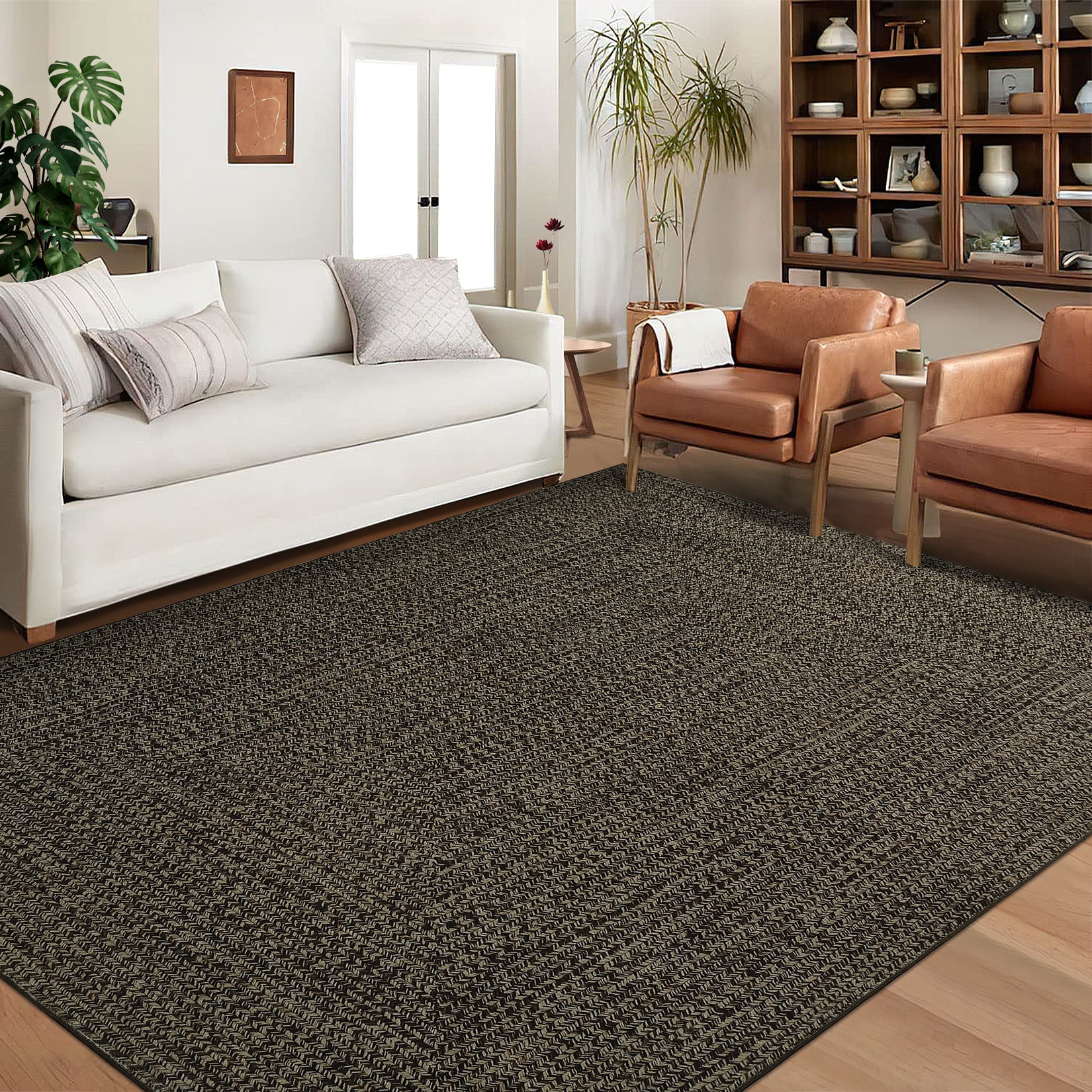 GlowSol 9' x 12' Area Rug Modern Braided Print Rugs for Living Room Bedroom Non-Slip Low Pile Accent Rug Washable Floor Cover, Black Brown