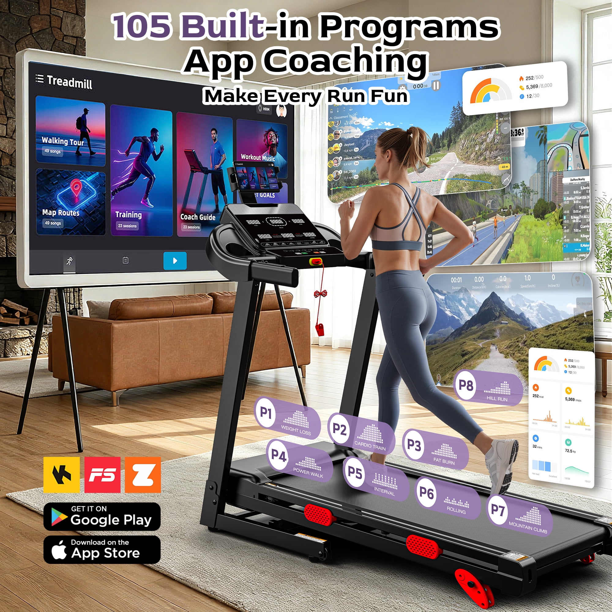 Folding Treadmill with Incline, 3.75HP Motor, 300 lb Capacity, Bluetooth App Connectivity, Compact Running Machine for Walking, Jogging and Running, Space-Saving Design