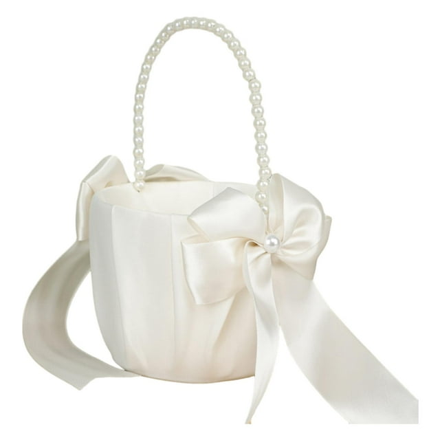Cestas de flores para boda, cesta de pétalos de flores con mango decorativo, cesta elegante de satén blanco para decoración nupcial