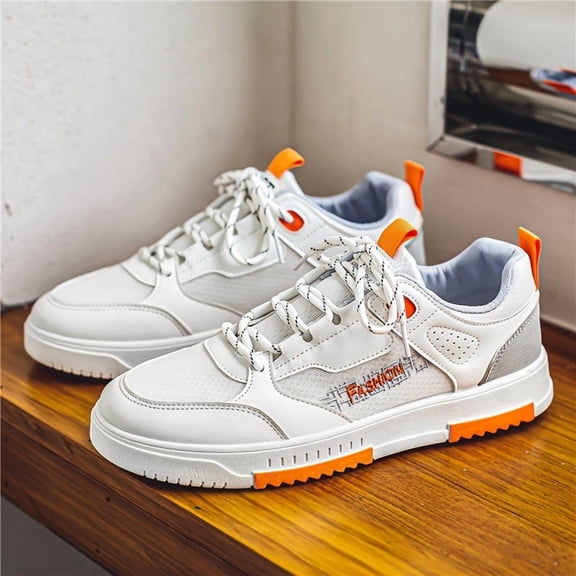 Men'S Teen Low-Top Skate Sneakers for Outdoor & Daily Wear, Skate Shoes - White & Blue, Non-Slip Durable PVC Sole, Comfortable Fabric Upper, Lace-Up Casual Shoes