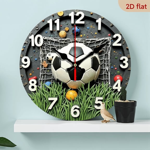 A 10-inch 2D flat "Football" theme wooden circular wall clock, suitable for decoration in bedrooms, living rooms and offices. It is an ideal gift for Christmas and New Year.