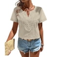 thumbnail image 5 of dazeni Summer Linen Shirts for Women Lace Trim V Neck Blouse for Work Comfortable Short Sleeve Tee Work Business Office Tops Beige X-Large, 5 of 7