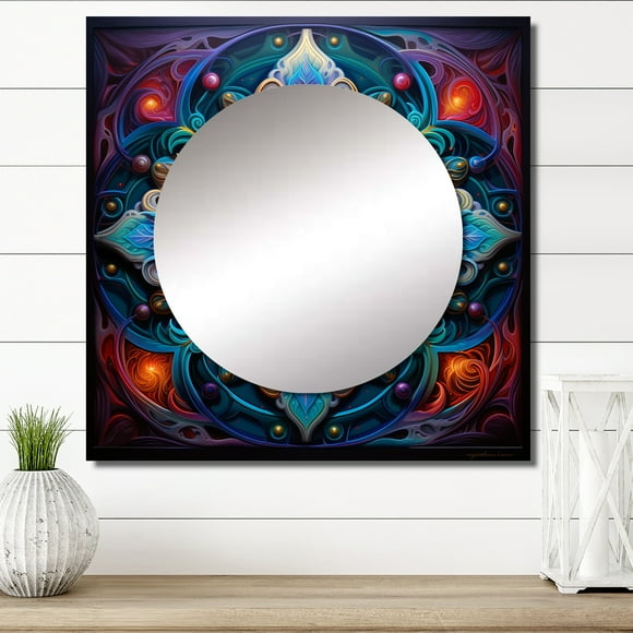 Designart "Ancient Colorful Mandala Magical Heritage III" Boho Mandala Square Mirror For Wall Decor - Large Blue Square Mirror Printed Wall Decor - Traditional Square Living Room Mirror