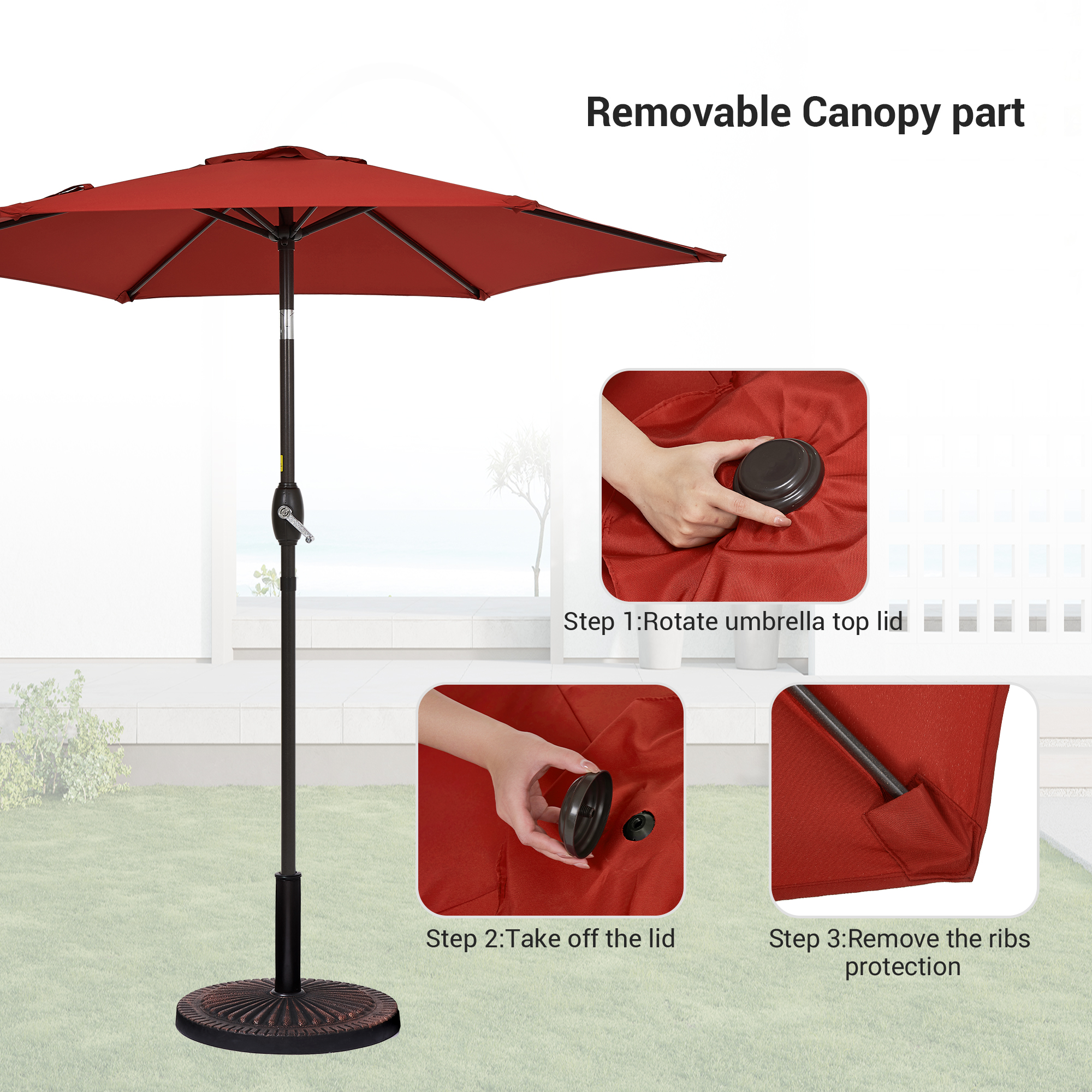 Sonerlic 7.5ft Round Patio Market Umbrella With Steel Frame, Outdoor Table Umbrella for Yard, Poolside and Deck, Chili Red