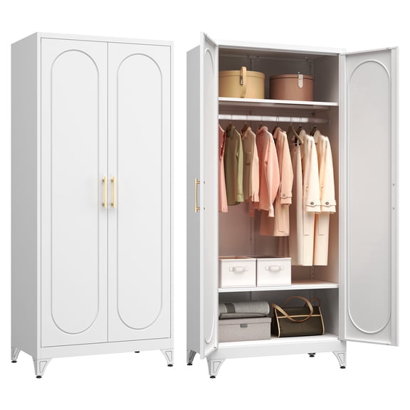 Polup 71" H Modern Steel Sturdy Armoire Cabinet with Shelves and Hanging Rod, Bedroom Wardrobe Closet with Doors