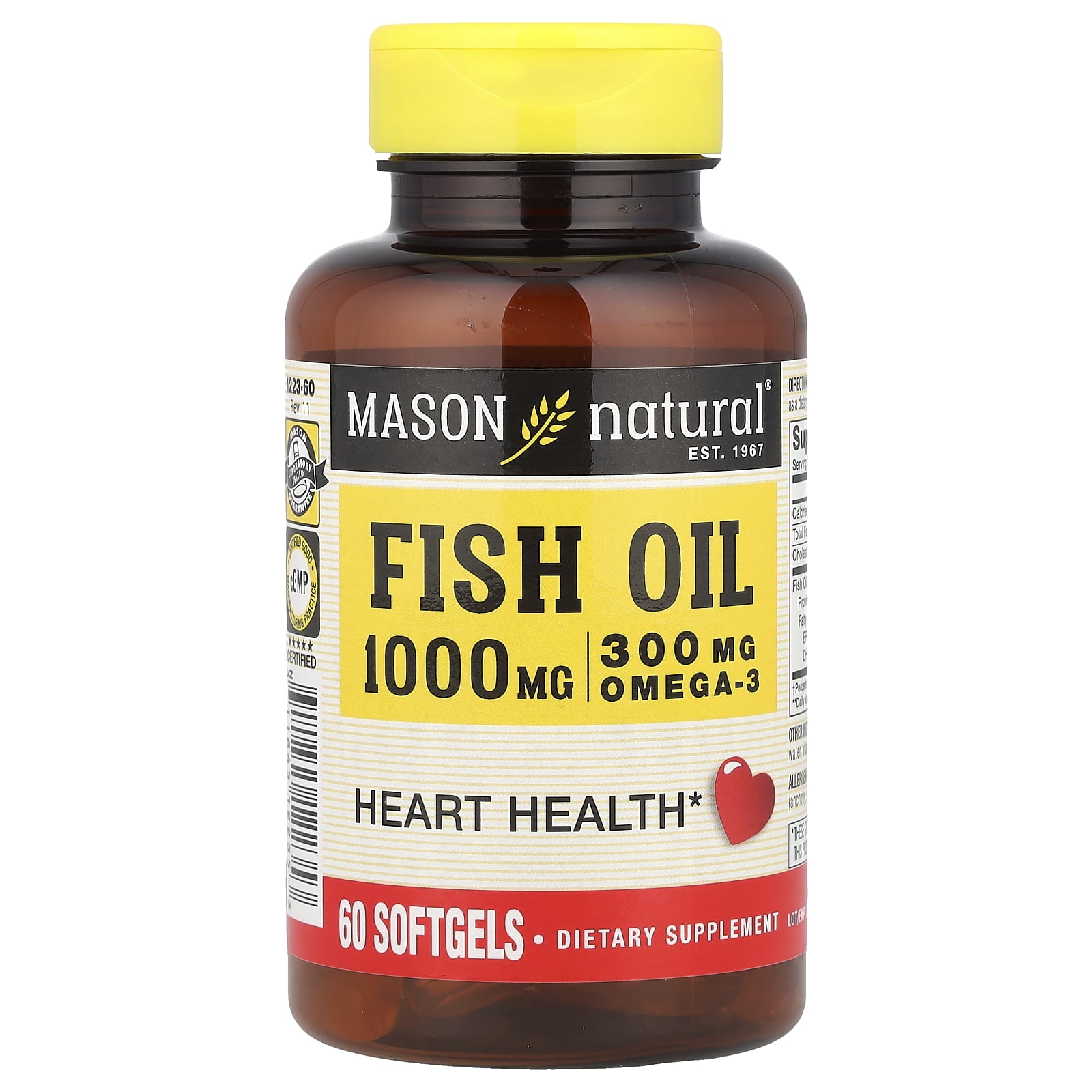Mason Natural Omega-3 Fish Oil 1000 mg Softgels, EPA & DHA, 60 Count