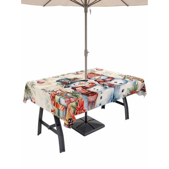 Outdoor Tablecloth with Umbrella Hole and Zipper, Beige Snowman Christmas Rectangle Table Cloth 52x70 Inch Waterproof Tablecloth, Xmas Poinsettia Winter Gifts Picnic Table Cover for Patio Camping