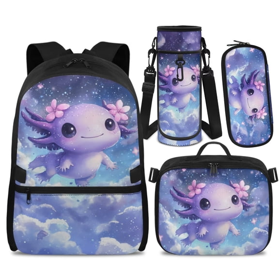 Yspwyqan Galaxy Purple Axolotl Backpack Set with Lunch Box Pencil Case Water Bottle Bag, 4Pcs Double Zipper Lightweight Girls Backpack Set Fits 14" Laptop for School Travel