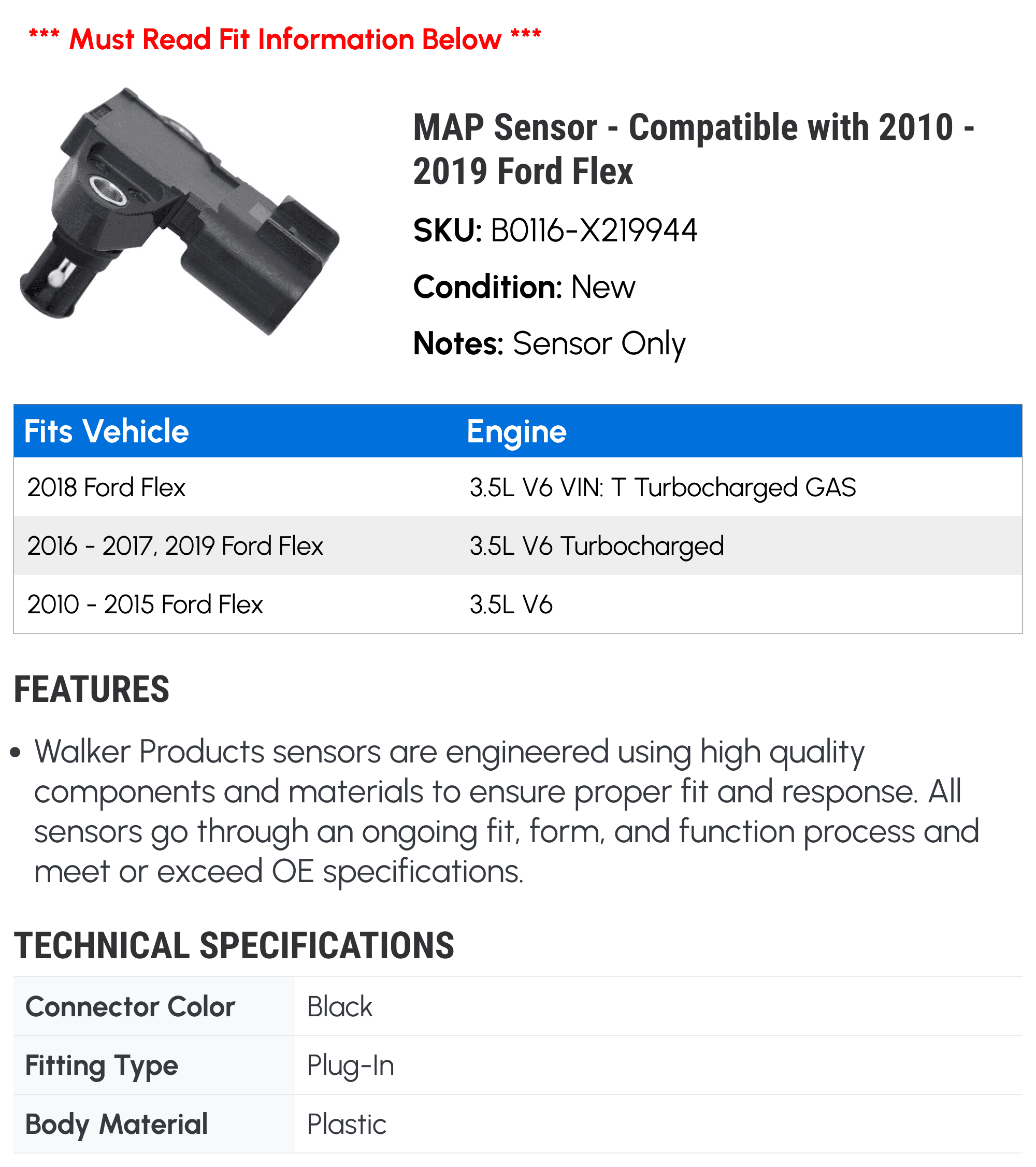 MAP Sensor - Compatible with 2010 - 2019 Ford Flex 2011 2012 2013 2014 2015 2016 2017 2018
