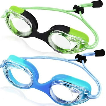 Swim Goggles with Bungee Strap No Leaking Anti Fog Toddler Goggles with Quick Adjust Ages 3-14(Blue   Green)