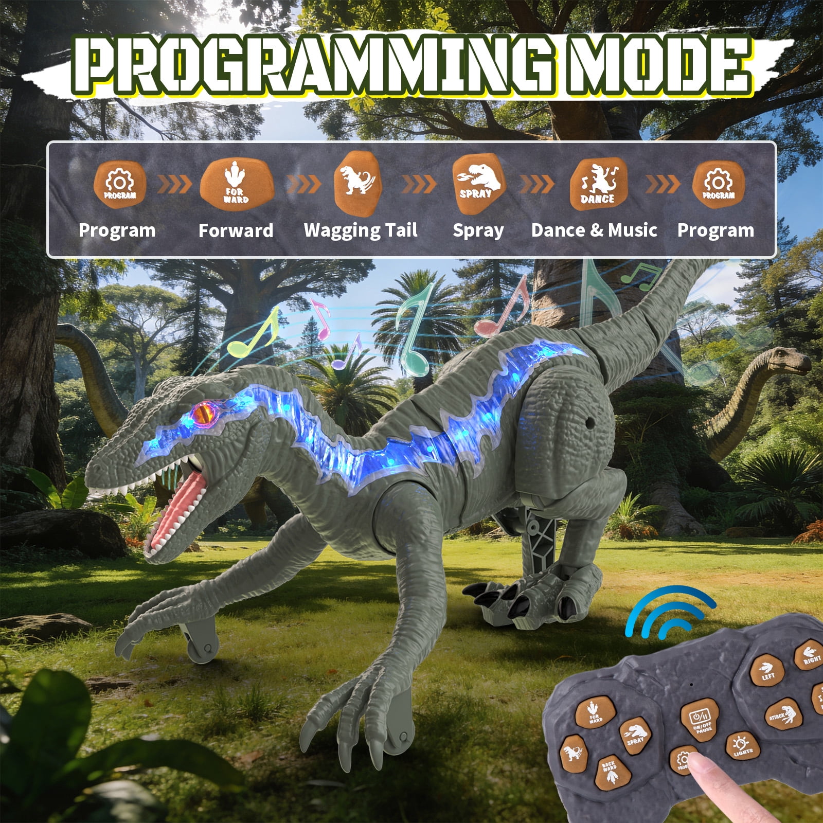 Lvelia Remote Control Dinosaur Toys for Kids,Big Walking Velociraptor Dino with Light and Sound, Birthday Gift Ideas for Boys and Girls 3-12 Year Old,Grey