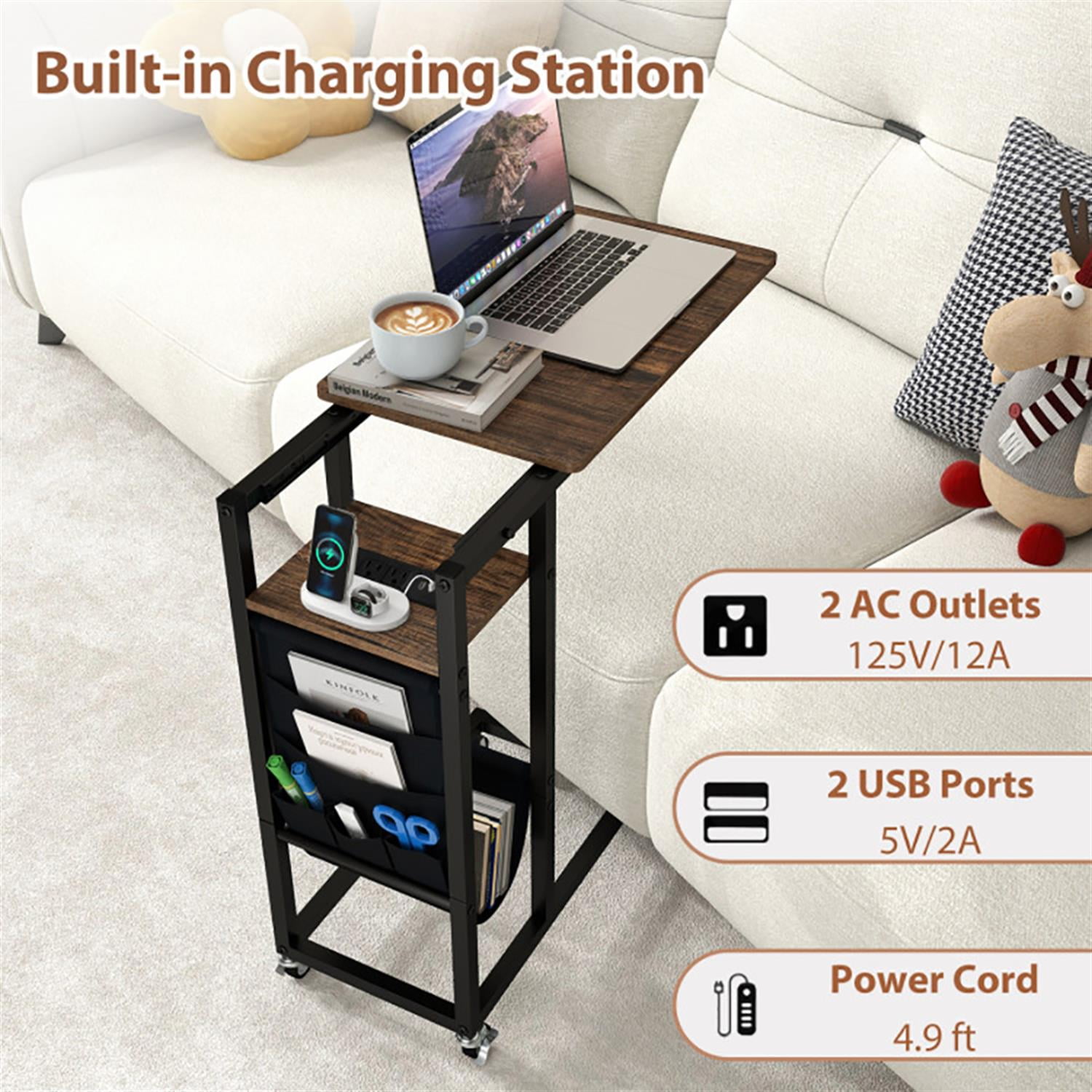 Demi Bonn C-Shaped Sofa Side Table, End Table with Charging Station and Retractable Tabletop for Small Spaces, Living Room, Bedroom, Brown