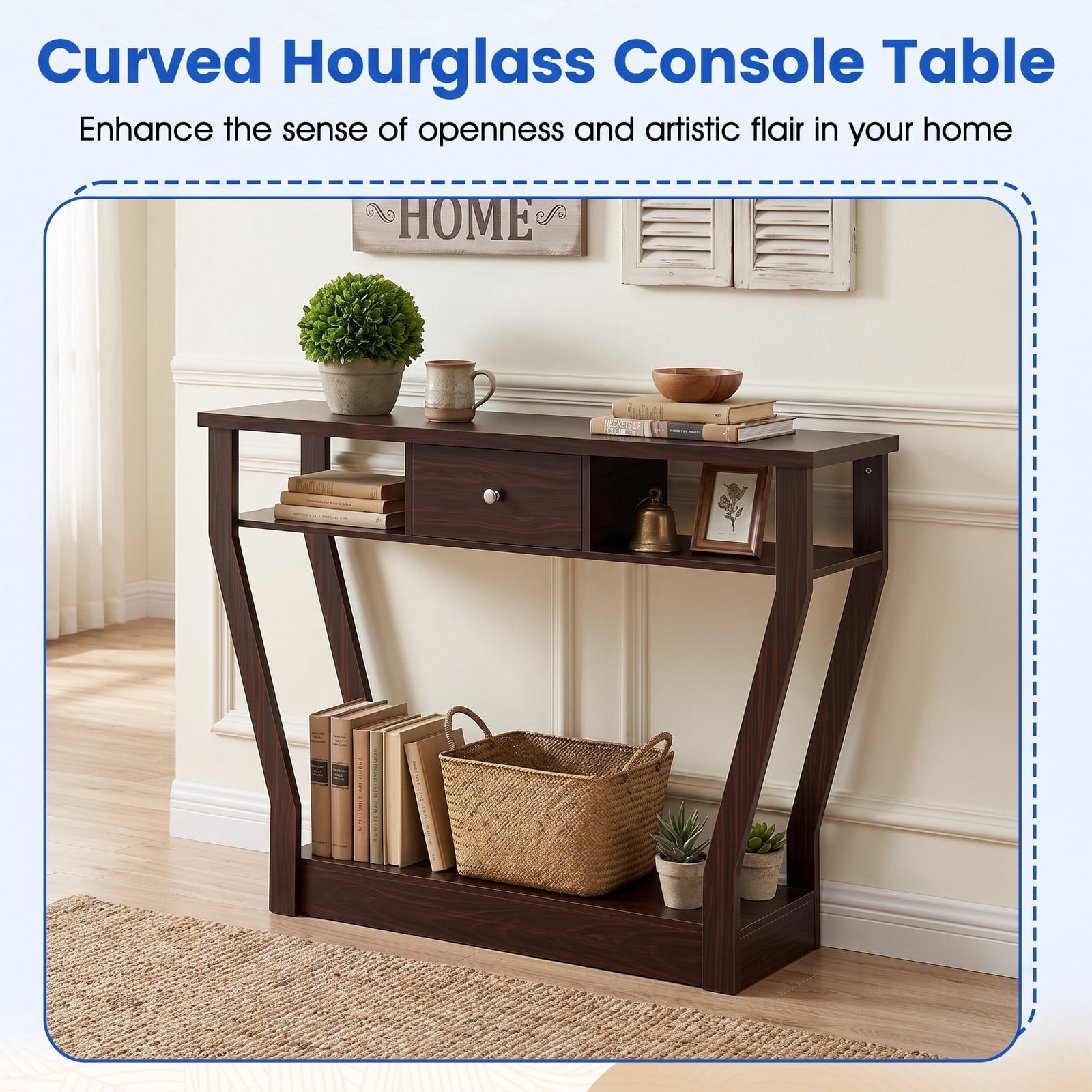 Furnibear Modern Console Accent Table with Storage Drawer and Open Shelf for the Living Room Entryway and Hallway, Brown