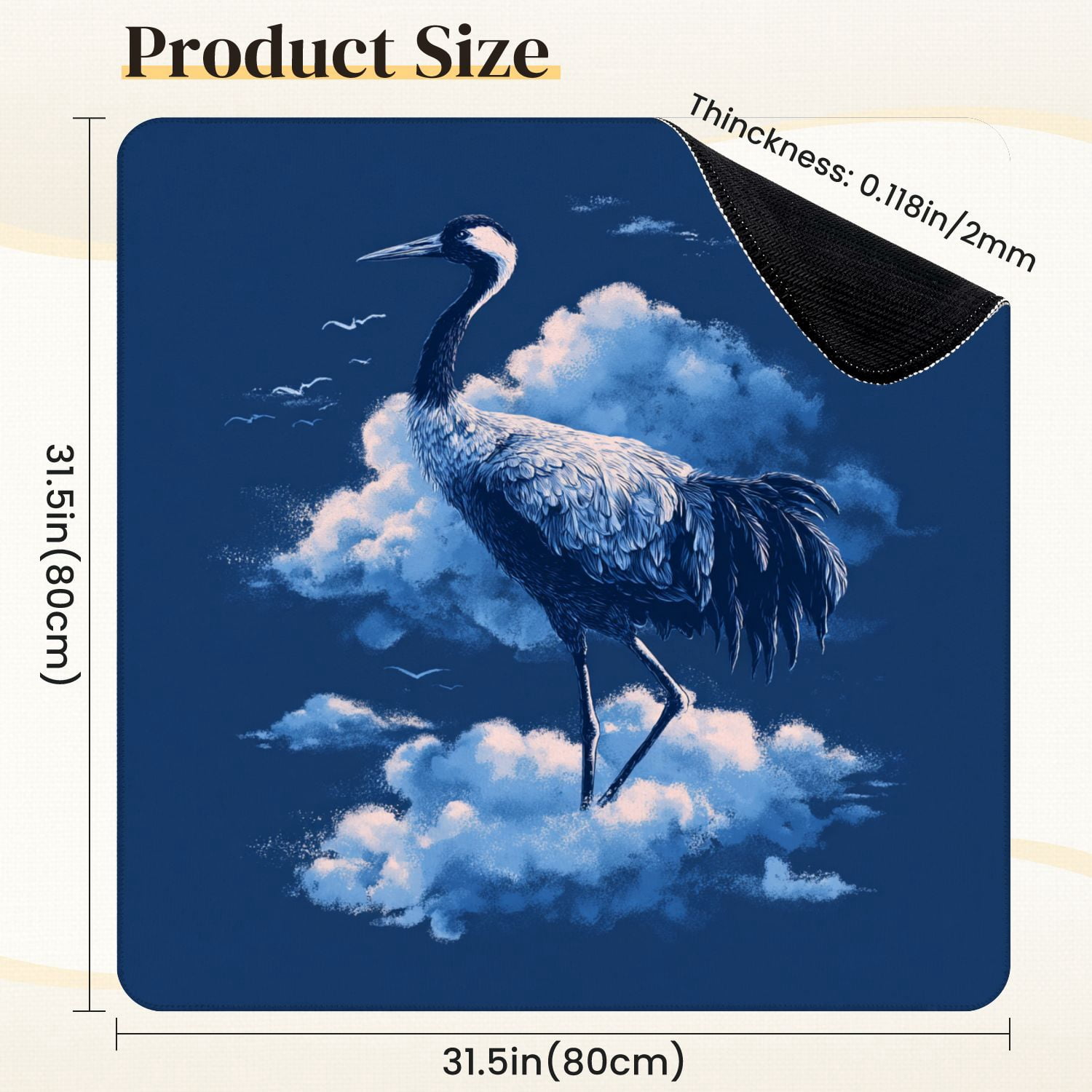 Chinoiserie Mahjong Mat 31.5" x 31.5" Serene Crane Cloud Deep Blue Gradient Non-Slip Noise Reduction Mahjong Tiles Table Cover for Dominoes Poker Card Board and Tile Games