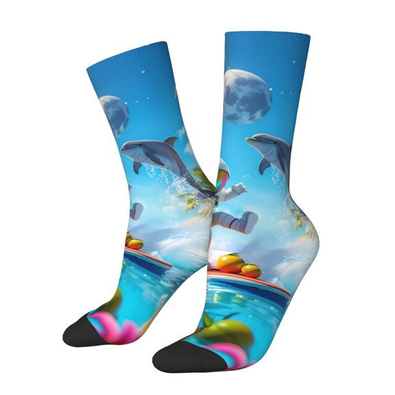 Honeii Astronaut Tropical Dolphin Print Adult Socks,Crew Socks,Casual Calf Socks,Daily Wear Socks for Men & Women, Perfect for Sports, Casual and Everyday Use