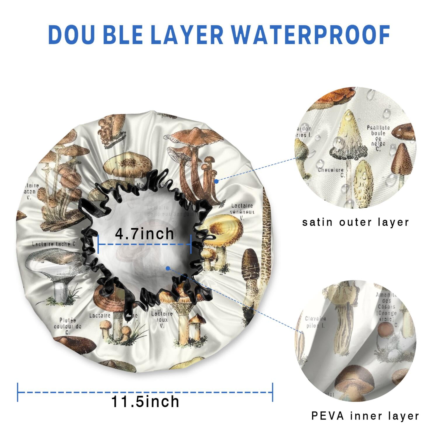 Shower Caps,Brown Mushroom Label Light Pattern Waterproof Shower Cap for Women 4 Pieces,Double Reusable Hair Cover for Shower PEVA Elastic Stretch Hem