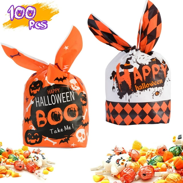 100PCS Halloween Treat Bags Candy Bags, Kids Trick or Treat Bags Goodie Bags, Cute Rabbit Ear Small Halloween Cookies Plastic Gift Bags for Halloween Party Decoration Supplies, Color 2